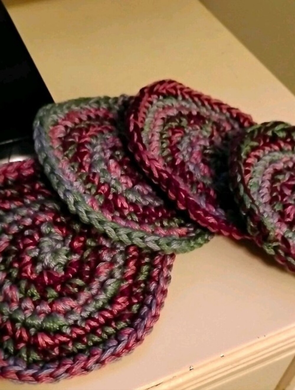 Handmade Crochet Round Cotton Coasters Purple Green Blue Set Of 4